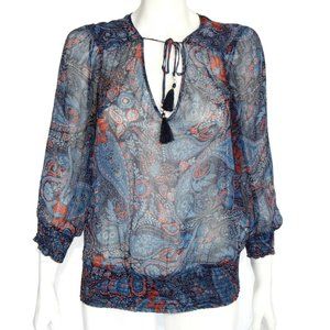 Boho Lucky Brand Paisley Tassel Tie Blouse top